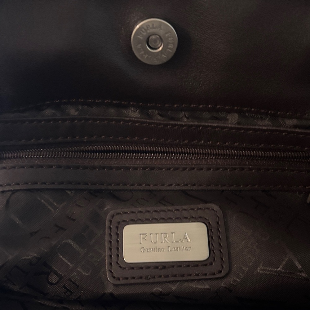 Furla/Certificate of Authenticity- Dark Brown Leather Satchel Cream Braided Trim - Picture 8 of 12